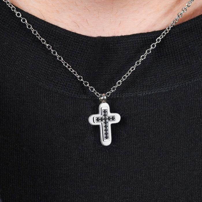 COLLIER HOMME EN ACIER AVEC CROIX ET ZIRCONE NOIRE