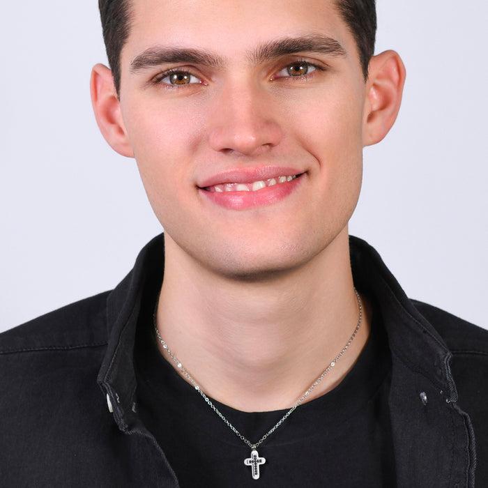 COLLIER HOMME EN ACIER AVEC CROIX ET ZIRCONE NOIRE
