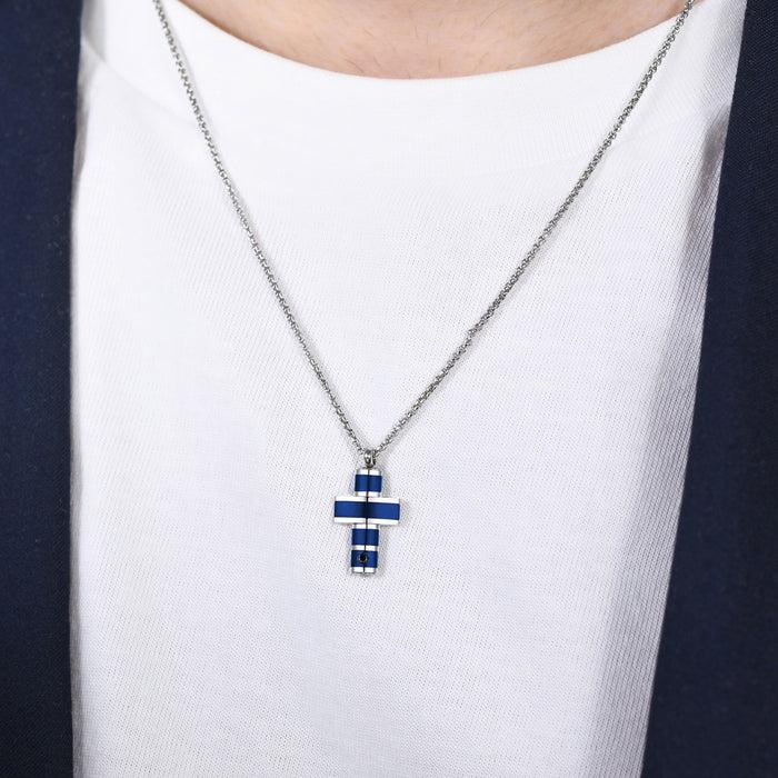COLLIER HOMME EN ACIER CROIX IP BLEU