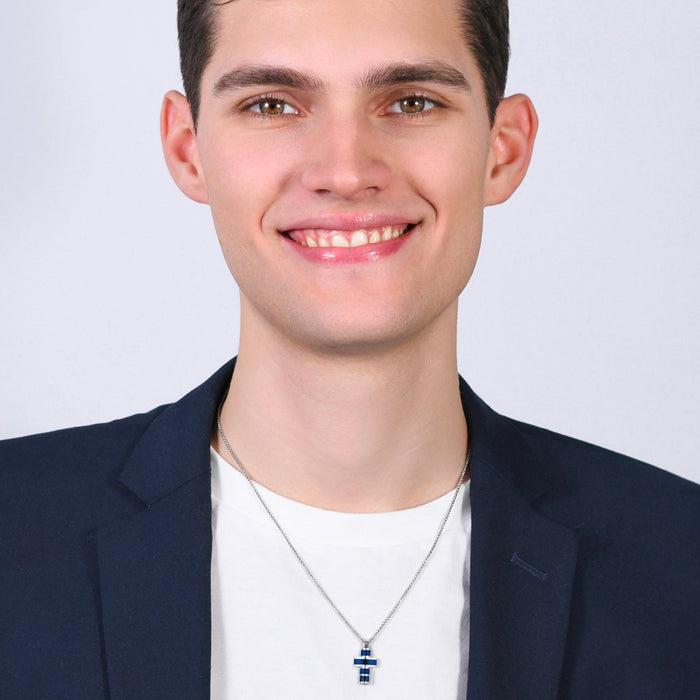COLLIER HOMME EN ACIER CROIX IP BLEU