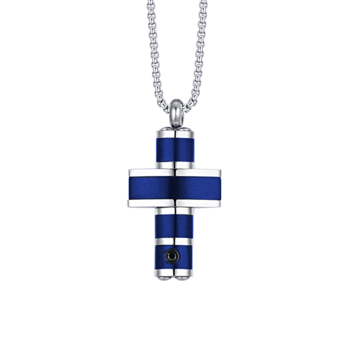 COLLIER HOMME EN ACIER CROIX IP BLEU