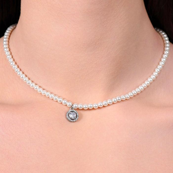 COLLIER FEMME EN ACIER, PERLES ET ZIRCON BLANC