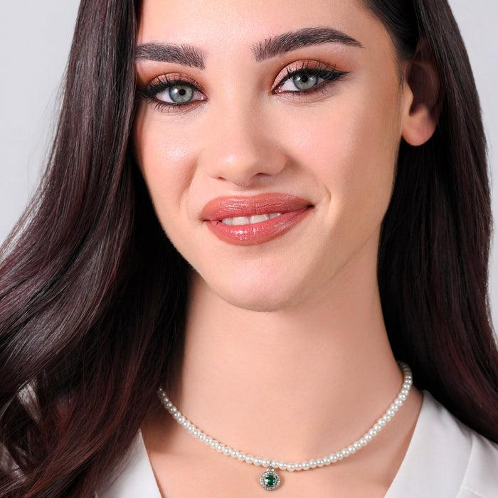 COLLIER FEMME EN ACIER, PERLES ET ZIRCON VERT