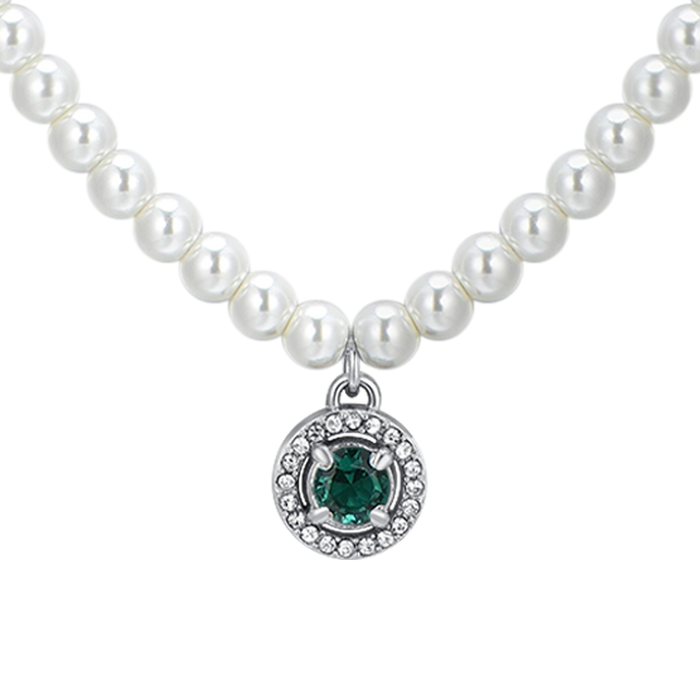 COLLIER FEMME EN ACIER, PERLES ET ZIRCON VERT