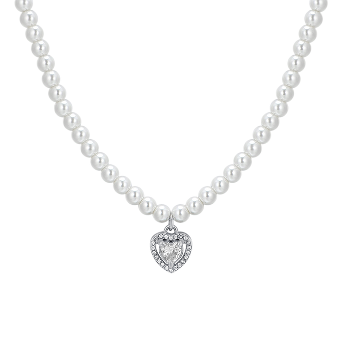 COLLIER FEMME EN ACIER AVEC PERLES ET COEUR AVEC ZIRCON BLANC