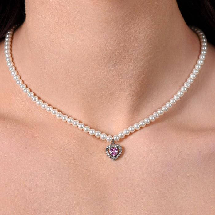 COLLIER FEMME EN ACIER AVEC PERLES ET COEUR EN ZIRCON ROSE