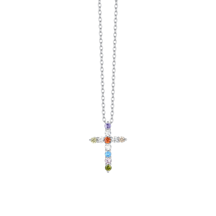 COLLIER FEMME EN ACIER AVEC CROIX EN ZIRCON MULTICOLORE