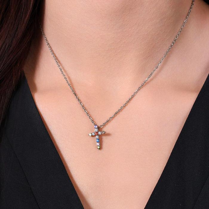 COLLIER FEMME EN ACIER AVEC CROIX EN ZIRCON MULTICOLORE