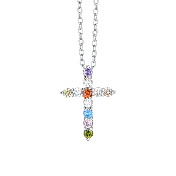 COLLIER FEMME EN ACIER AVEC CROIX EN ZIRCON MULTICOLORE
