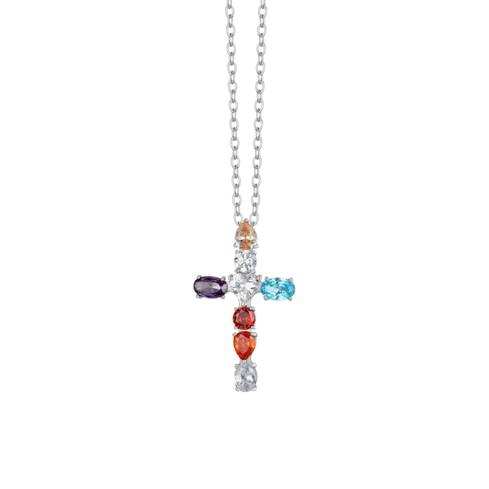 COLLIER FEMME EN ACIER AVEC CROIX EN ZIRCON MULTICOLORE