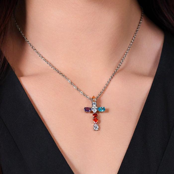 COLLIER FEMME EN ACIER AVEC CROIX EN ZIRCON MULTICOLORE