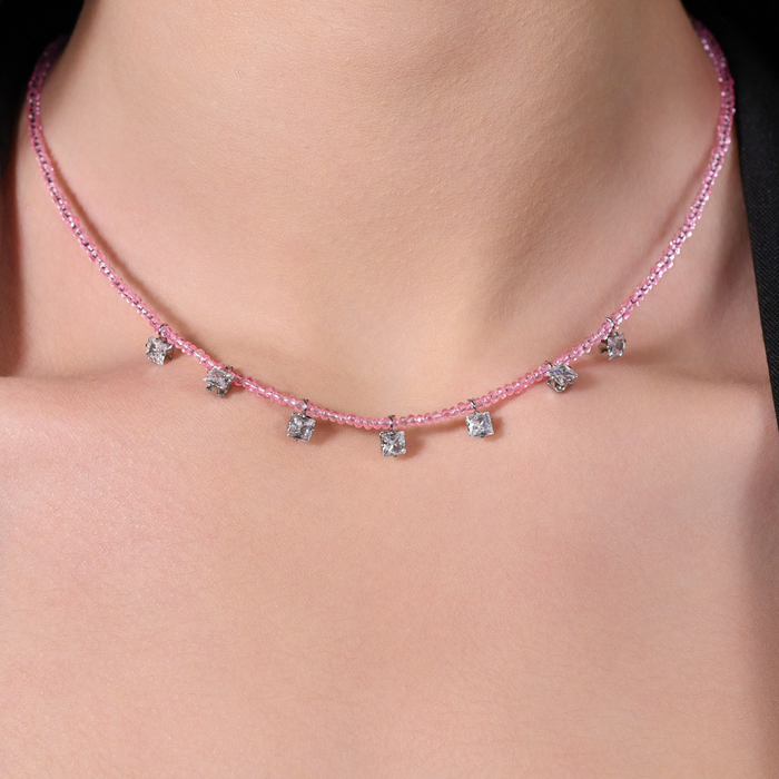 COLLIER FEMME EN ACIER AVEC CRISTAUX ROSES ET ZIRCONES BLANCHES