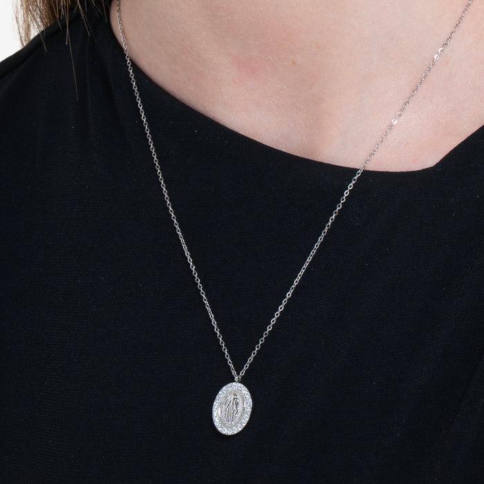 COLLANA DONNA IN ACCIAIO, MEDAGLIETTA CON MADONNINA E ZIRCONI BIANCHI