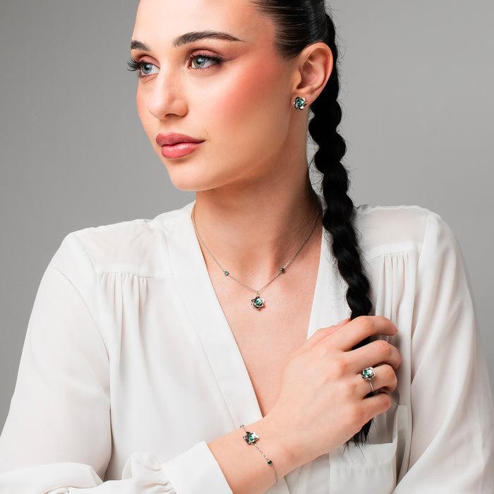 COLLANA DONNA IN ACCIAIO, FIORI ED ELEMENTI CON ZIRCONI VERDI
