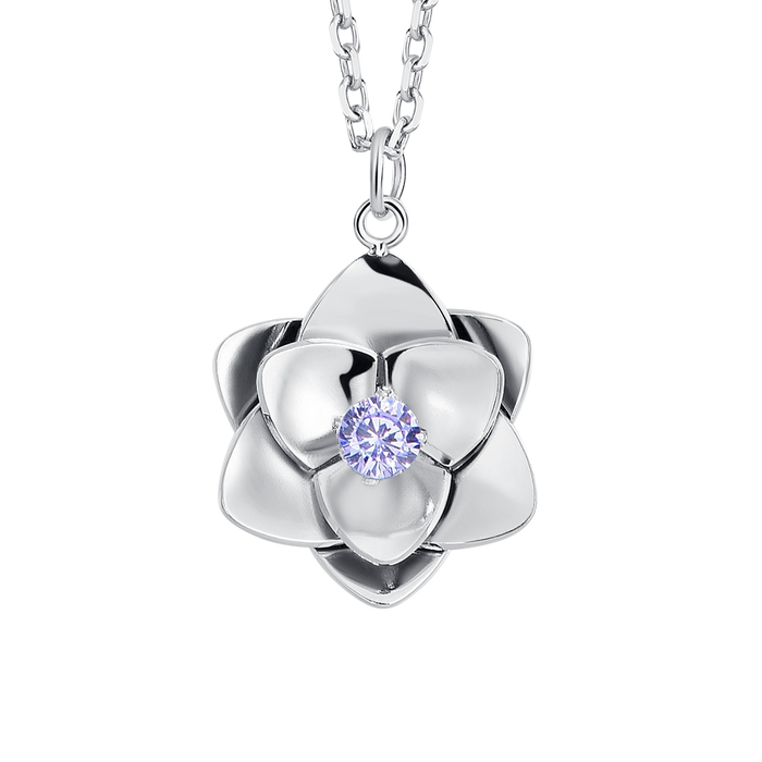 COLLANA DONNA IN ACCIAIO, FIORE ED ELEMENTI CON ZIRCONI VIOLA