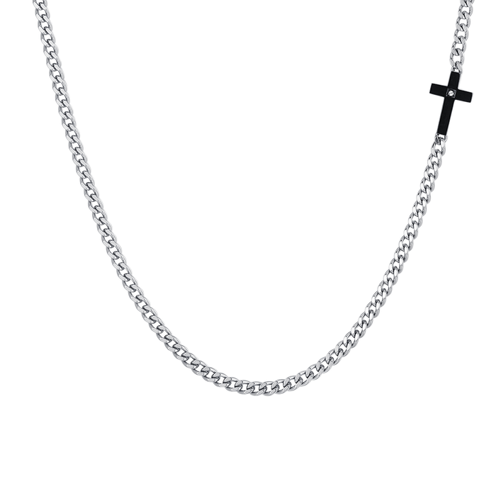 MEN'S NECKLACE IN STEEL, IP BLACK CROSS AND WHITE ZIRCON