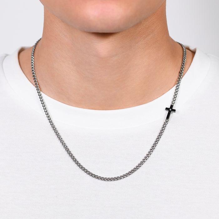MEN'S NECKLACE IN STEEL, IP BLACK CROSS AND WHITE ZIRCON