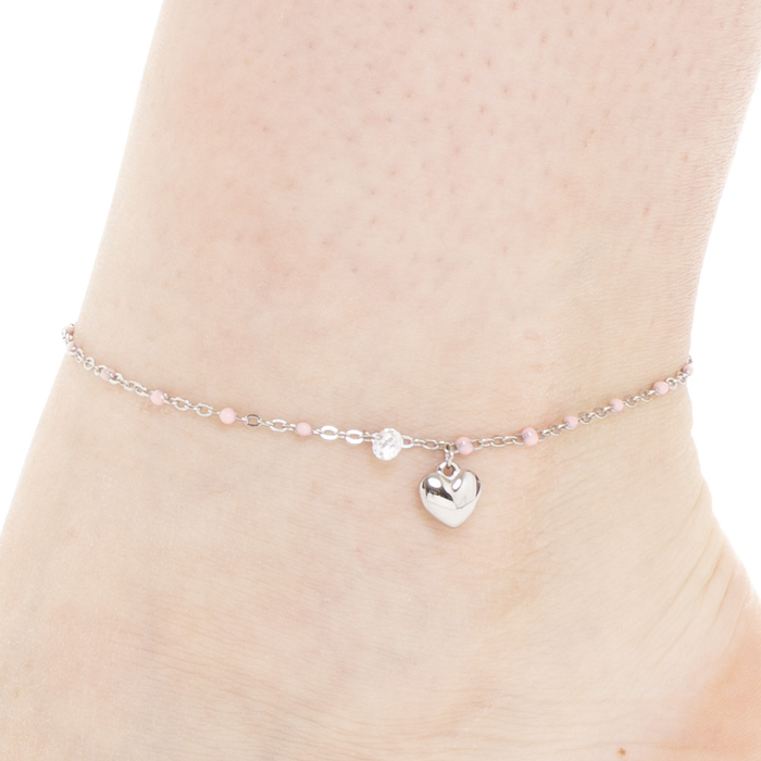 CAVIGLIERA DONNA IN ACCIAIO CON CUORE, CRISTALLO E PIETRE CON SMALTO ROSA