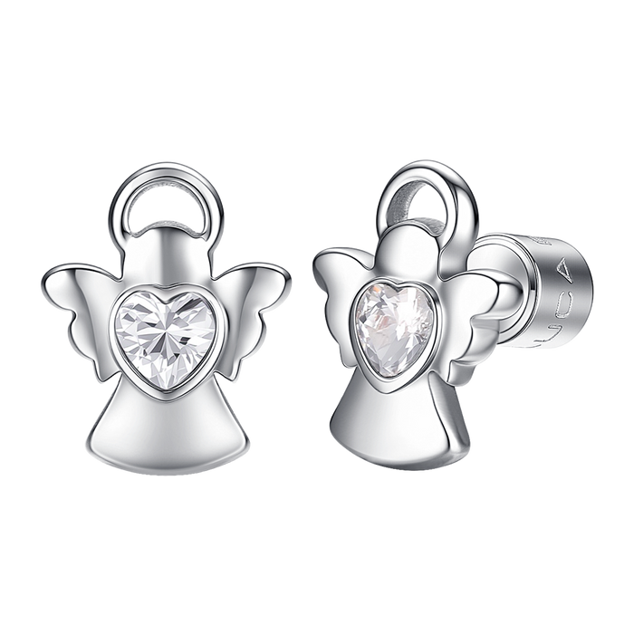 ORECCHINI BAMBINA IN ACCIAIO ANGELO CON ZIRCONE BIANCO