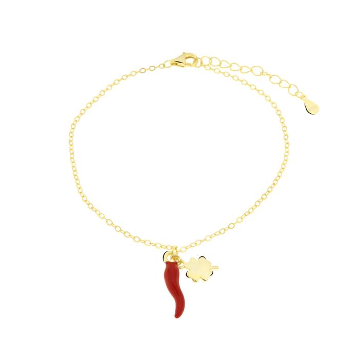 Bracelet en argent 925 avec corne porte-bonheur ornée d'émail rouge et de trèfle à quatre feuilles