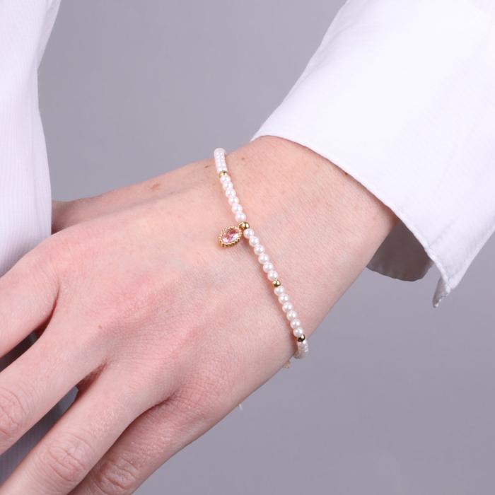 Bracciale in Acciaio con giro di perle e cristallo ovale rosa