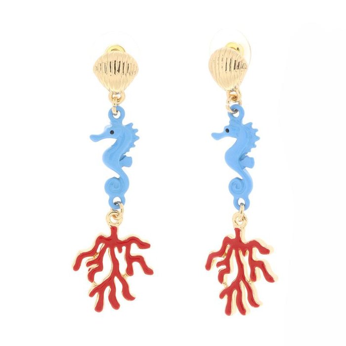 Boucles d'oreilles en métal avec hippocampe et coraux