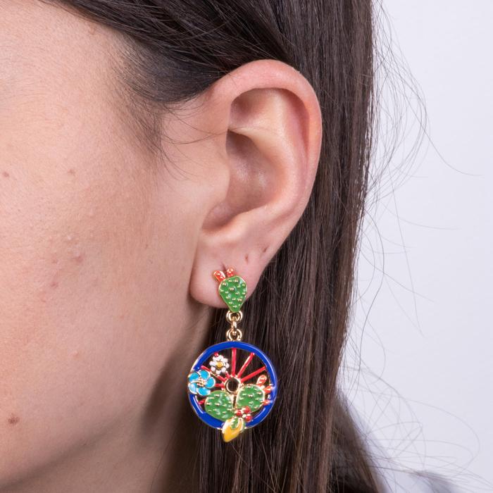 Boucles d'oreilles en métal avec roue bleue ornée de cactus, de citrons et de fleurs
