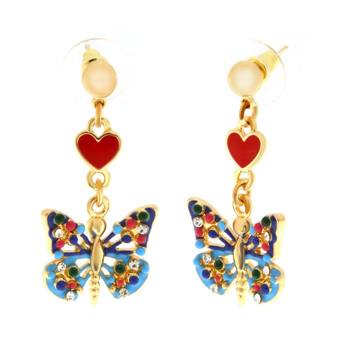 Metal earrings with blue butterfly and red heart