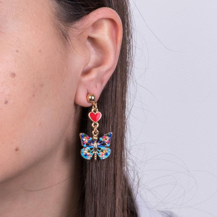 Metal earrings with blue butterfly and red heart