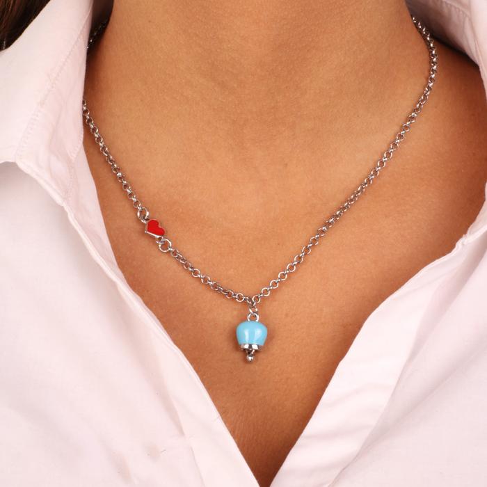 Metal necklace with red heart and lucky bell pendant with blue enamel, embellished with a light point