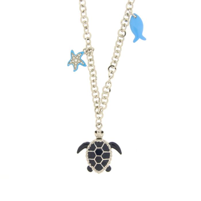Collier en métal avec tortue bleue, poisson et étoile de mer