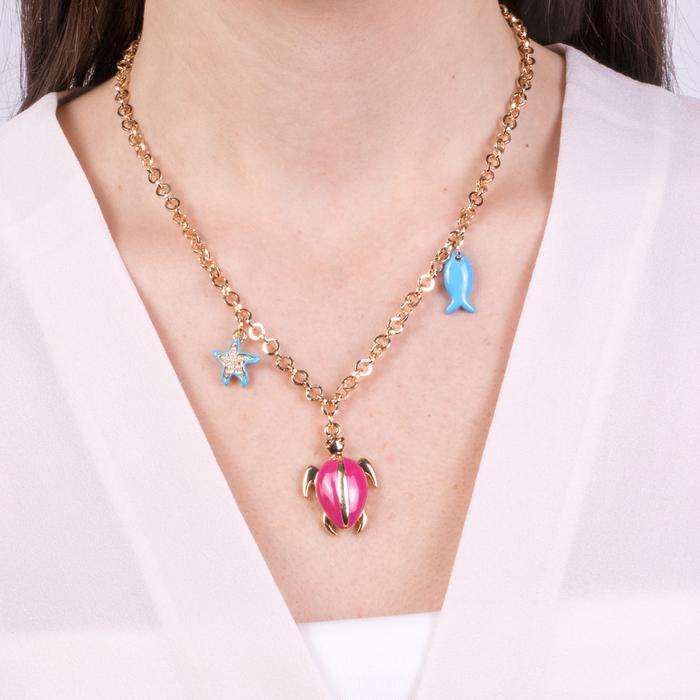 Metal Necklace with Red Turtle, Fish and Starfish