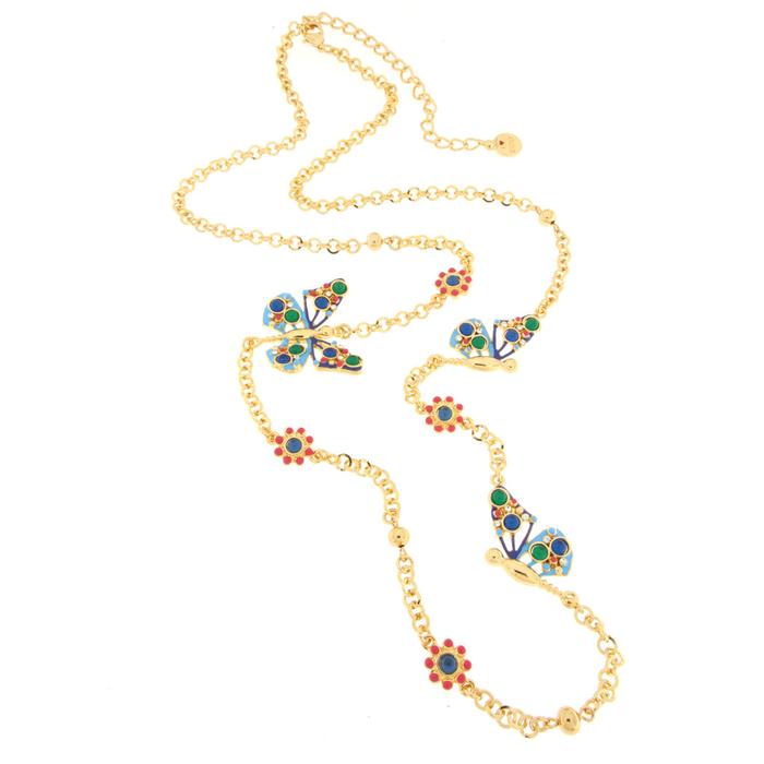 Collana in Metallo con farfalla multicolor e  fiori rossi
