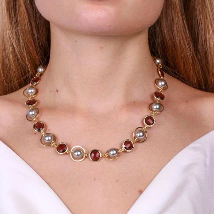Collana in Metallo con cristalli marrini , cerchi e perle