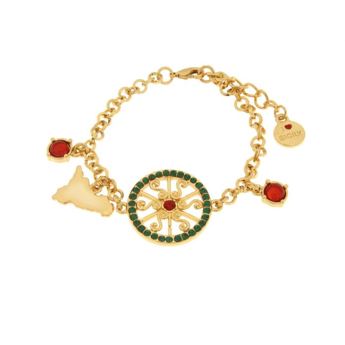 Bracciale in Metallo con ruota e Sicilia con cristalli verdi e rossi