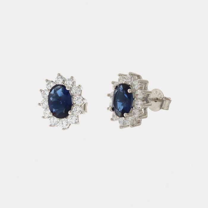 Orecchini in Argento 925 con zirconi bianchi e zircone centrale effetto blu zafiro
