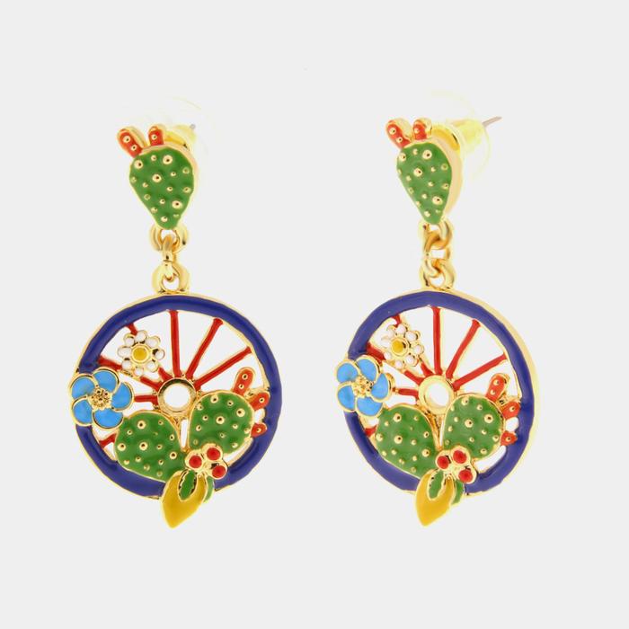 Boucles d'oreilles en métal avec roue bleue ornée de cactus, de citrons et de fleurs