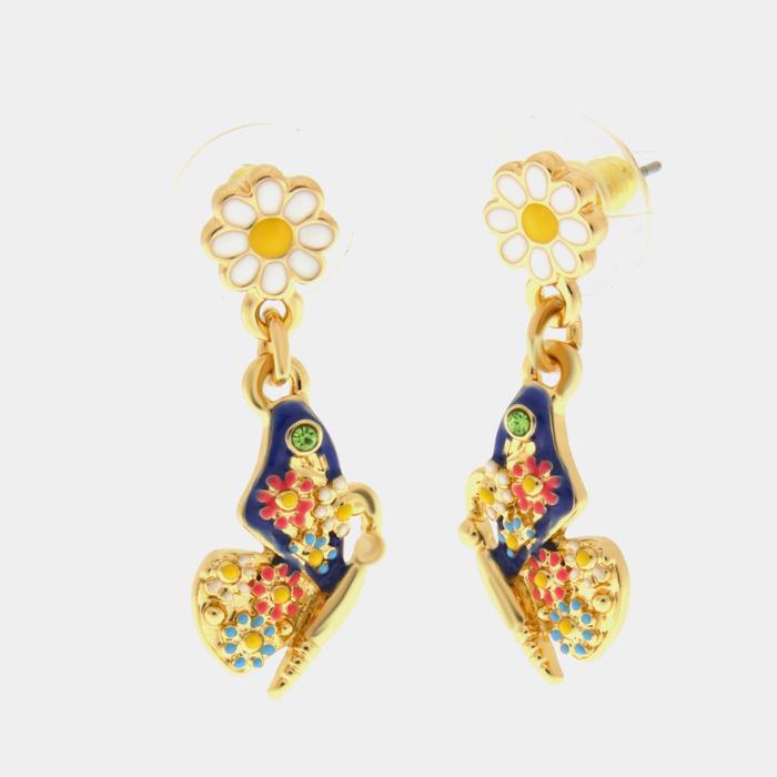Metal earrings with colored butterfly and daisies