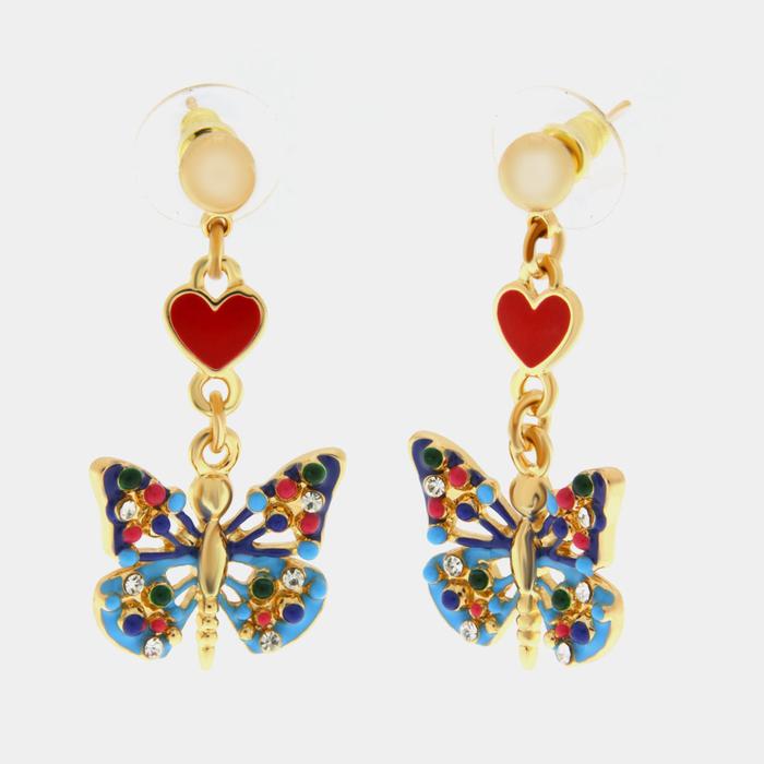 Metal earrings with blue butterfly and red heart