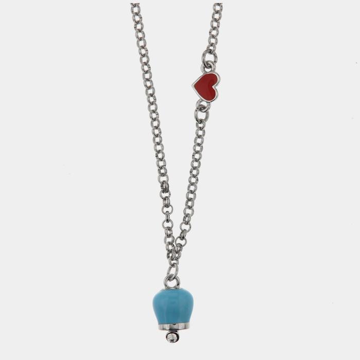 Metal necklace with red heart and lucky bell pendant with blue enamel, embellished with a light point