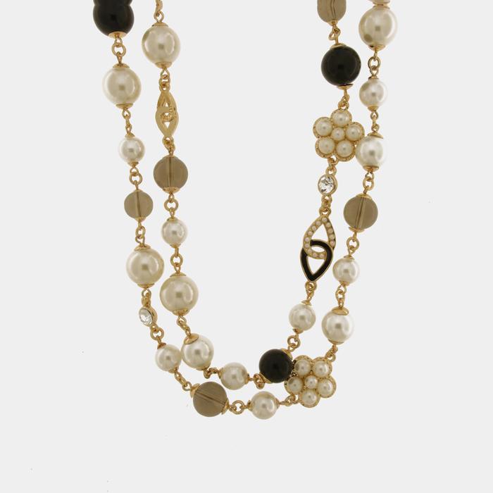 Collana in Metallo doppio filo con perle e fiore a perle bianche