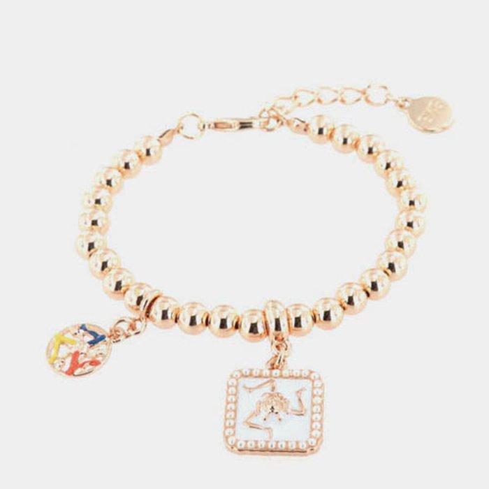 Metal bracelet with sphere mesh and pendant tile embellished with Sicilian trinacria and white enamel