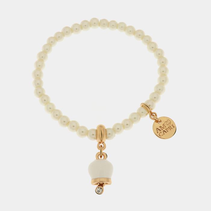 Bracelet en métal avec perles et clochette porte-bonheur en émail blanc