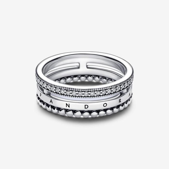 Bague triple bande avec logo, pavé et sphères