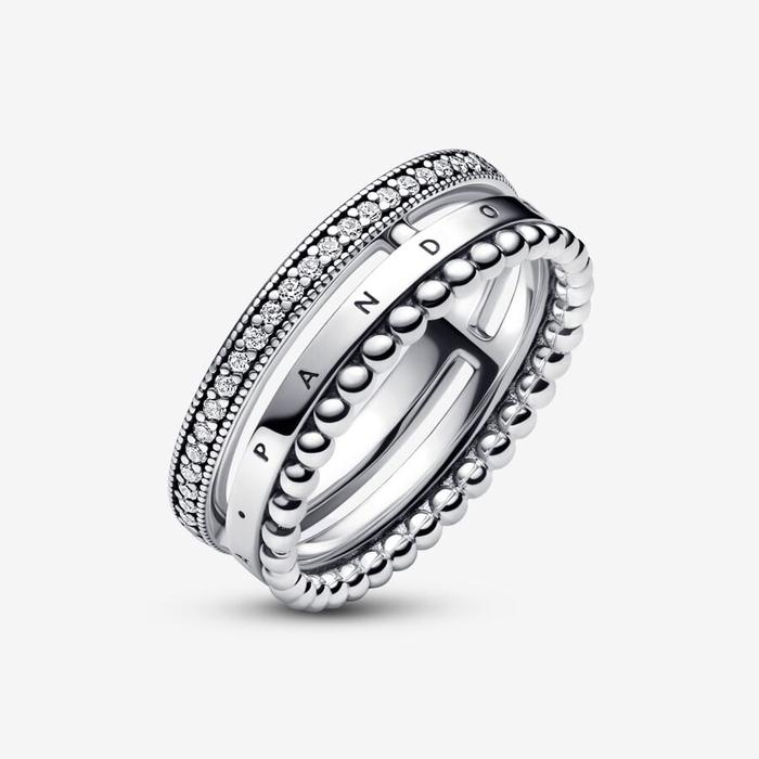 Bague triple bande avec logo, pavé et sphères