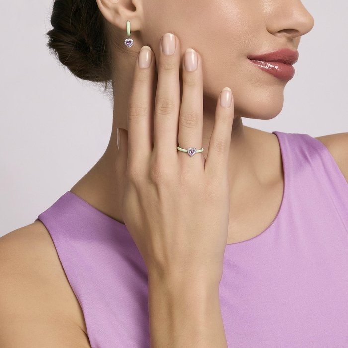 Bague en argent avec émail vert et cœur rose LOVE AFFAIR