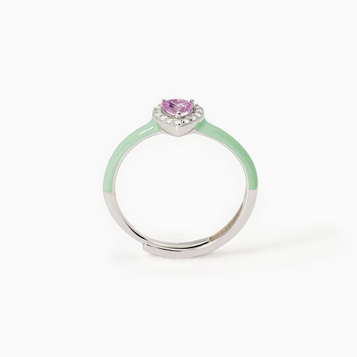 Anello in argento con smalto verde e cuore rosa LOVE AFFAIR