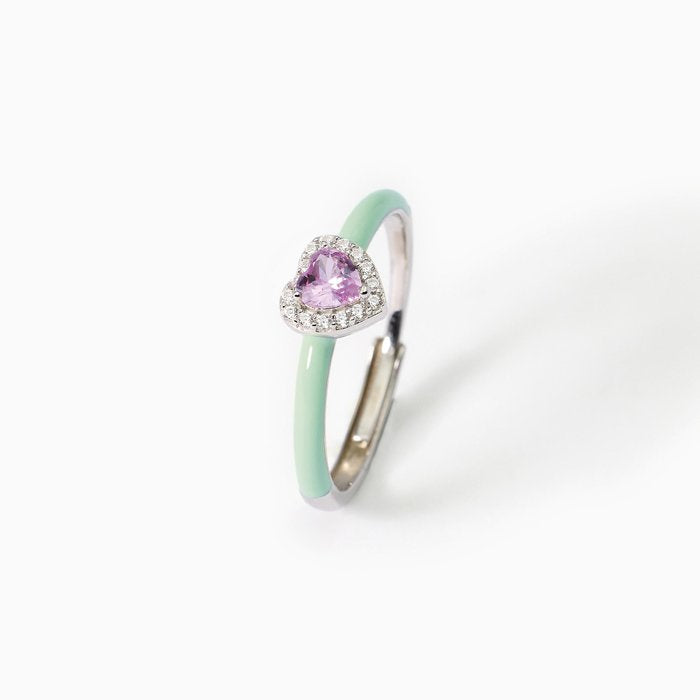 Bague en argent avec émail vert et cœur rose LOVE AFFAIR