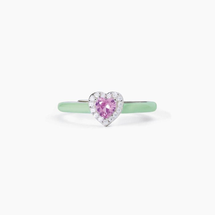 Anello in argento con smalto verde e cuore rosa LOVE AFFAIR