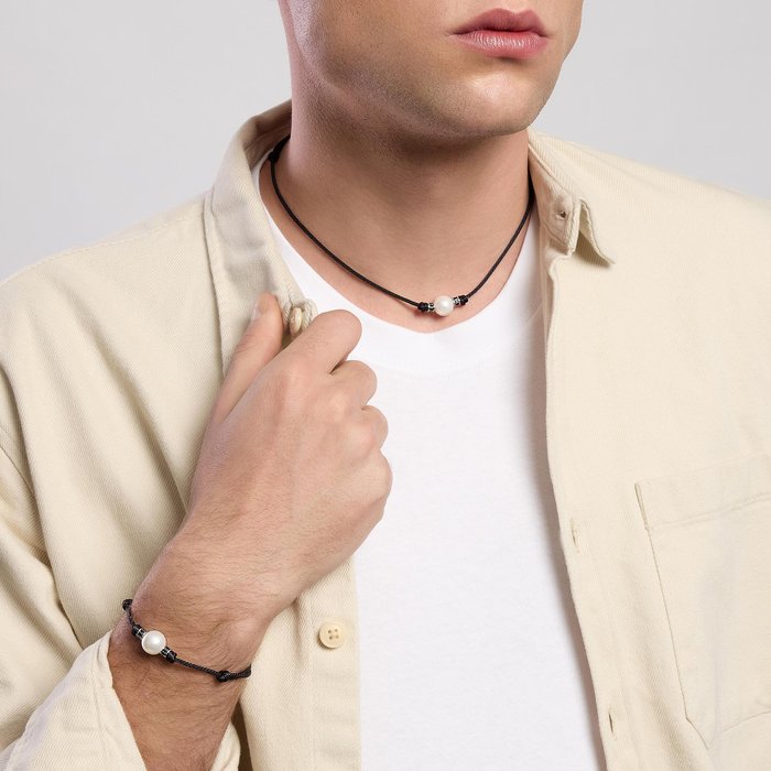 Collana in argento con cordino nero e perla bianca TROPICAL